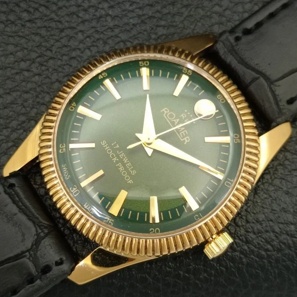 Vintage 1978 Roamer Manual Mens Gold Watch W/Leather Strap & Green accents